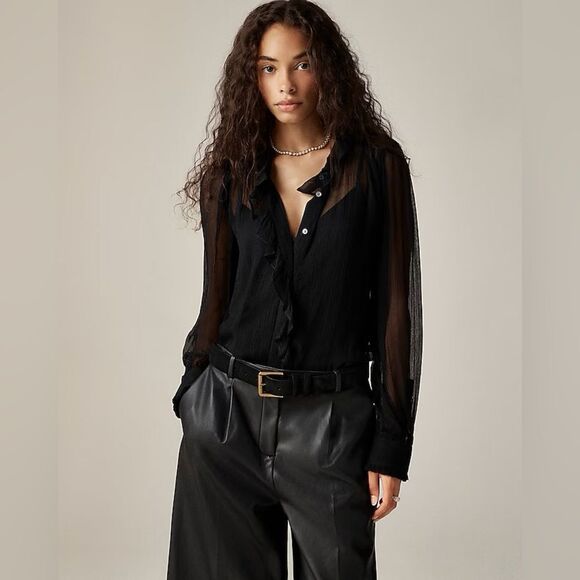 NWT J CREW Ruffle button-up shirt in crinkle chiffon in black - Picture 2 of 7